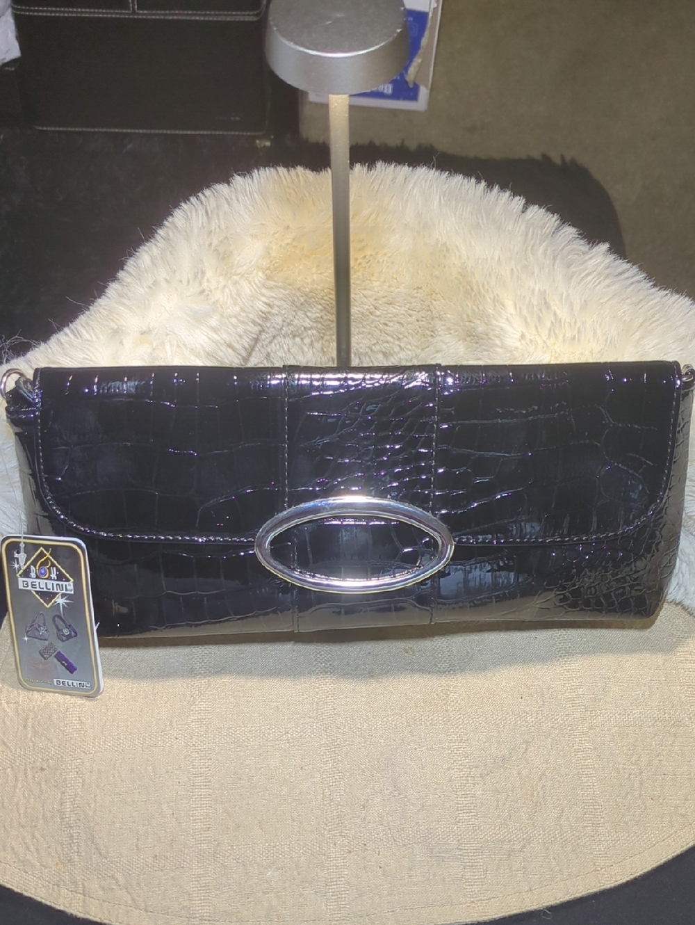 Bellini Black Croc-Embossed Patent Clutch  Silver Oval Hardware &Crossbody Strap